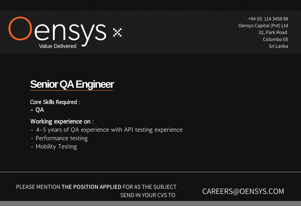 Senior QA Engineer Oensys Capital